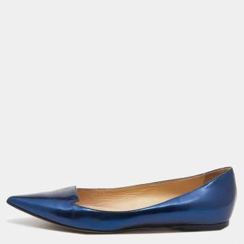 Pre Owned Jimmy Choo Metallic Blue Leather Attila Pointed Toe Ballet Flats Size 37.5