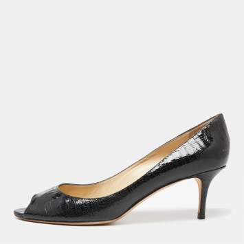 Pre Owned Jimmy Choo Black Textured Patent Leather Peep-Toe Pumps Size 42 
