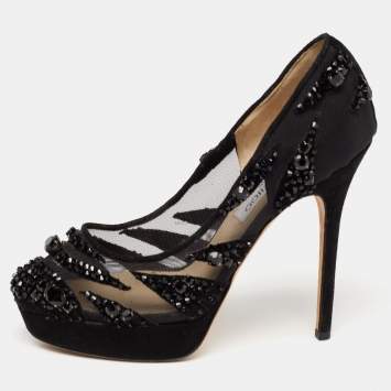 Pre Owned Jimmy Choo Black Crystal Embellished Suede and Mesh Kershaw Platform Pumps Size 38