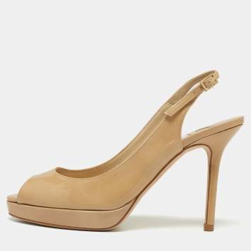 Pre Owned Jimmy Choo Beige Patent Leather Clue Platform Peep Toe Slingback Sandals Size 35