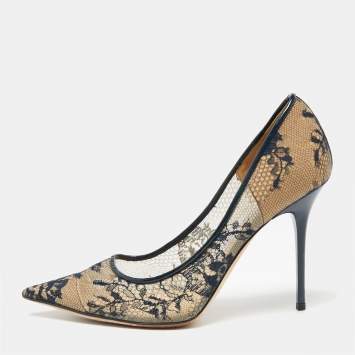 Pre Owned Jimmy Choo Beige/Blue Lace and Patent Romy Pointed Toe Pumps Size 37
