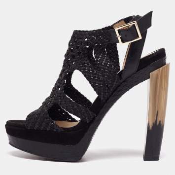 Pre Owned Jimmy Choo Black Woven Leather Platform Slingback Sandals Size 36