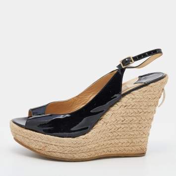 Pre Owned Jimmy Choo Black Patent Leather Polar Slingback Espadrille Wedge Sandals Size 38