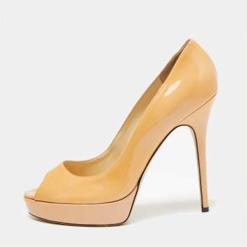 Pre Owned Jimmy Choo Beige Patent Leather Crown Peep-Toe Platform Pumps Size 41