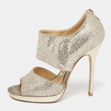 Pre Owned Jimmy Choo Silver/Gold Coarse Glitter Private Platform Sandals Size 37