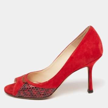 Pre Owned Jimmy Choo Red Suede And Snakeskin Peep Toe Pumps Size 37.5