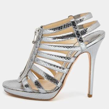 Pre Owned Jimmy Choo Metallic Silver Snake Embossed Leather Glenys Gladiator Sandals Size 38