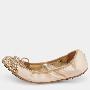 Pre Owned Jimmy Choo Beige/Gold Satin And Glitter Cap Toe Winnie Scrunch Ballet Flats Size 37