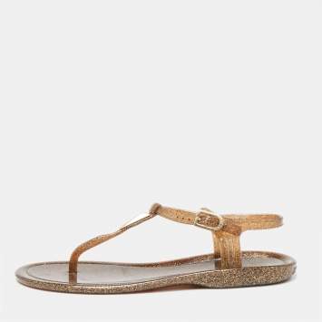 Pre Owned Jimmy Choo Bronze Shimmer Rubber T Strap Flat Sandals Size 37