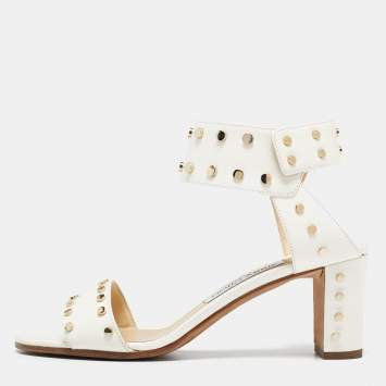 Pre Owned Jimmy Choo Cream Leather Studded Open Toe Ankle Strap Sandals Size 37.5