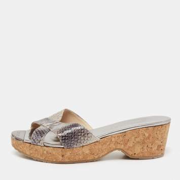 Pre Owned Jimmy Choo Silver Python Embossed Leather Crisscross Prima Cork Wedge Slide Sandals Size 36.5