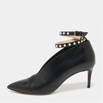 Pre Owned Jimmy Choo Black Leather Ankle Wrap Pointed Toe Booties Size 38.5