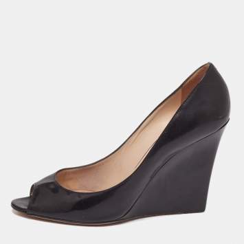 Pre Owned Jimmy Choo Black Patent Leather Baxen Peep Toe Wedge Pumps Size 41