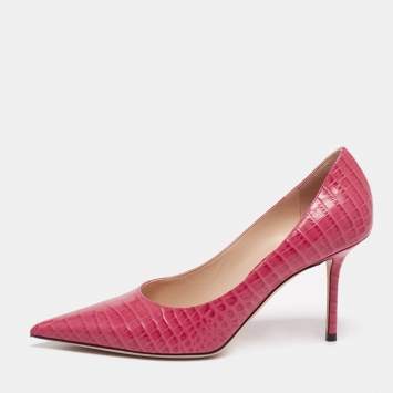 Pre Owned Jimmy Choo Pink Croc Embossed Leather Love Pointy Pumps Size 39.5