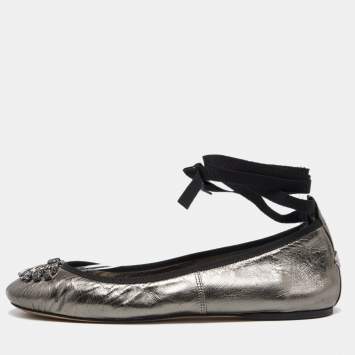 Pre Owned Jimmy Choo Metallic Grey Leather Grace Ankle-Wrap Ballet Flats Size 38.5
