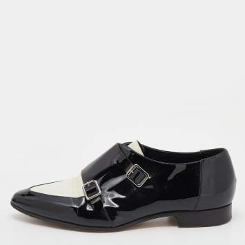 Pre Owned Jimmy Choo Black/White Patent Leather And Leather Mardi Monk Strap Flats Size 36