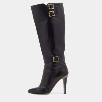 Pre Owned Jimmy Choo Black Leather Buckle Detail Calf Length Boots Size 38