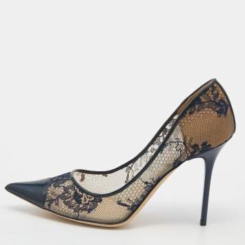 Pre Owned Jimmy Choo Navy Blue/Beige Floral Lace And Patent Leather Pointed Toe Pumps Size 37.5