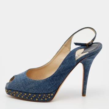 Pre Owned Jimmy Choo Blue Denim Peep Toe Slingback Sandals Size 37.5