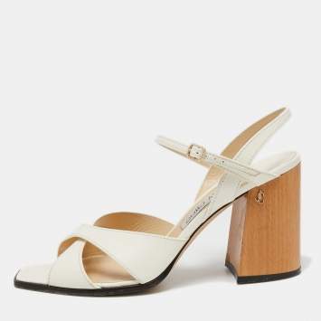Pre Owned Jimmy Choo Off-White Leather Joya Block Heel Sandals Size 40.5