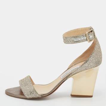 Pre Owned Jimmy Choo Metallic Gold Glitter Ankle Strap Sandals Size 39.5