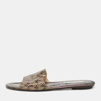 Pre Owned Jimmy Choo Grey Snakeskin Leather Nanda Flat Slide Sandals Size 37