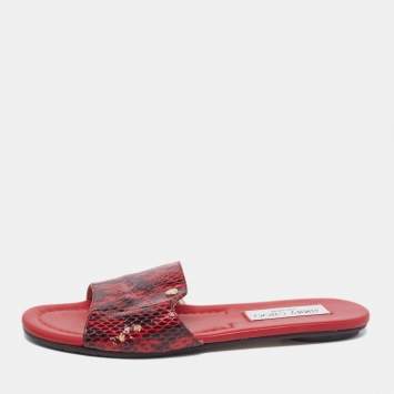 Pre Owned Jimmy Choo Red/Black Python Leather Nanda Flat Slides Size 36