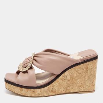 Pre Owned Jimmy Choo Pale Pink Leather Nevara Cork Platform Wedge Sandals Size 38.5
