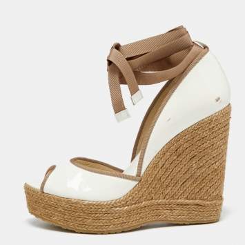 Pre Owned Jimmy Choo White/Brown Patent Leather and Jute Ankle Wrap Wedge Sandals Size 39