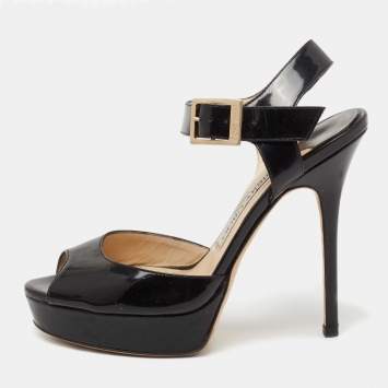 Pre Owned Jimmy Choo Black Patent Leather Linda Ankle Strap Platform Sandals Size 36