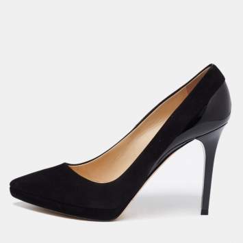 Pre Owned Jimmy Choo Black Suede and Patent Leather Pointed Toe Pumps Size 38.5