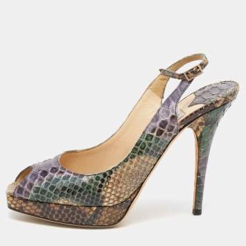 Pre Owned Jimmy Choo Multicolor Python Leather Peep Toe Platform Nova Slingback Sandals Size 39.5