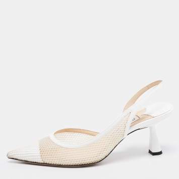 Pre Owned Jimmy Choo White Patent Leather and Mesh Fetto D'orsay Slingback Pumps Size 38