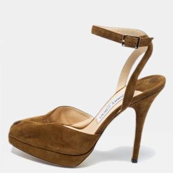 Pre Owned Jimmy Choo Brown Suede Linda Platform  Ankle Strap Sandals Size 38