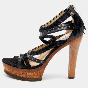 Pre Owned Jimmy Choo Black Watersnake and Calf Hair Strappy Platform Sandals Size 37.5