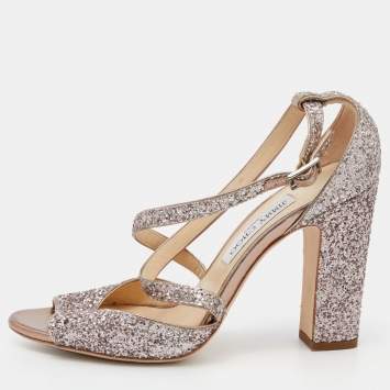 Pre Owned Jimmy Choo Metallic Rose Gold Coarse Glitter Carrie Cross Strap Ankle Sandals Size 40