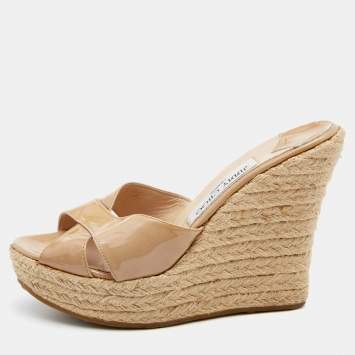 Pre Owned Jimmy Choo Beige Patent Leather Espadrille Platform Wedge Sandals Size 38