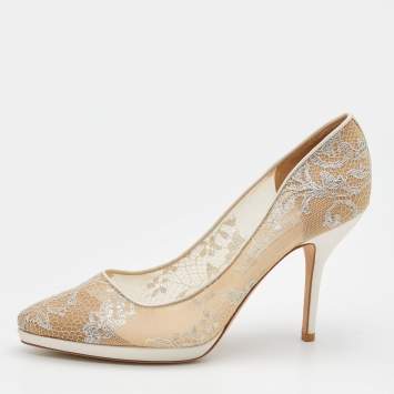 Pre Owned Jimmy Choo Beige/Silver Lace and Mesh Pumps Size 40