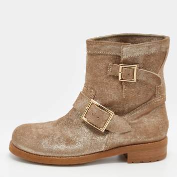 Pre Owned Jimmy Choo Gold/Beige Shimmering Suede Youth Ankle Boots Size 37