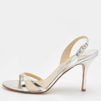 Pre Owned Jimmy Choo Metallic Silver Leather India Slingback Sandals Size 40
