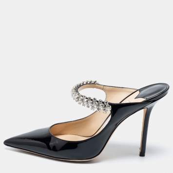 Pre Owned Jimmy Choo Black Patent Leather Bing Crystal Embellished Pointed Toe Mules Size 38