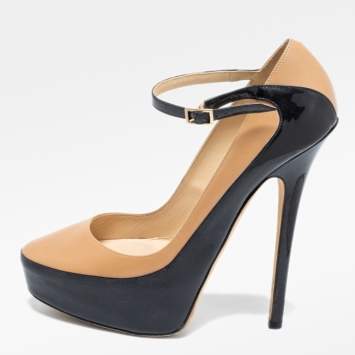 Pre Owned Jimmy Choo Brown/Black Patent And Leather Platform  Pumps Size 39.5