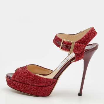Jimmy Choo Red Glitter Linda Platform Ankle Strap Sandals Size 37.5