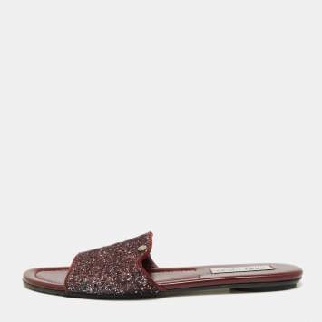 Pre Owned Jimmy Choo Plum Coarse Glitter Nanda Flat Slides Size 40