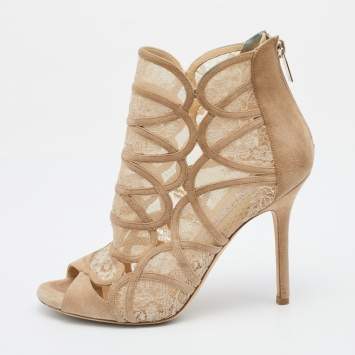 Pre Owned Jimmy Choo Beige Lace and Suede Flaunt Ankle Booties Size 37