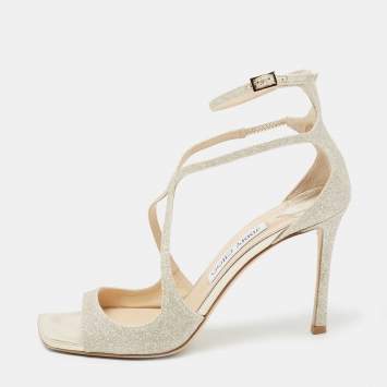 Pre Owned Jimmy Choo Metallic Silver Coarse Glitter Azia Sandals Size 39.5