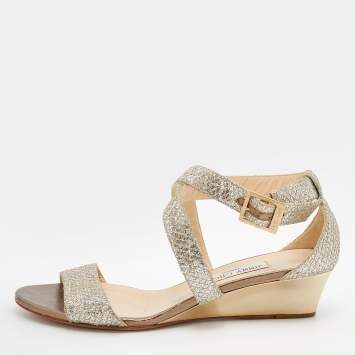 Pre Owned Jimmy Choo Silver/Gold Glitter And Lamé Fabric Wedge Ankle Strap Sandals Size 39.5