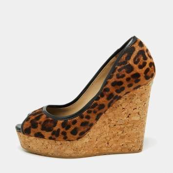 Pre Owned Jimmy Choo Leopard Print Pony Hair And Patent Trim Papina Cork Wedge Pumps Size 35