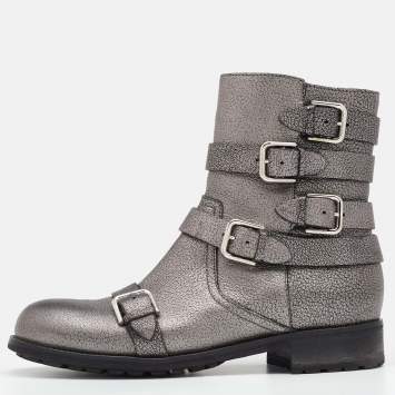 Pre Owned Jimmy Choo Grey Textured Leather Dawson Buckle Details Ankle Boots Size 39