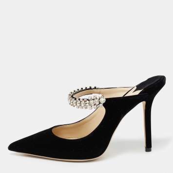 Pre Owned Jimmy Choo Black Velvet Bing Crystal Embellished Pointed Toe Mules Size 38
